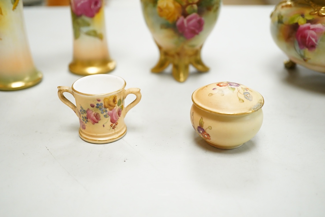 A group of Royal Worcester flower painted porcelain to include a pair vases signed M Hunt and a potpourri, largest 11cm high